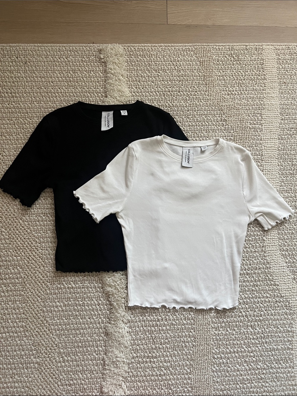 Set of Two Lettuce-Edge Ribbed Crop Tops - Black & White